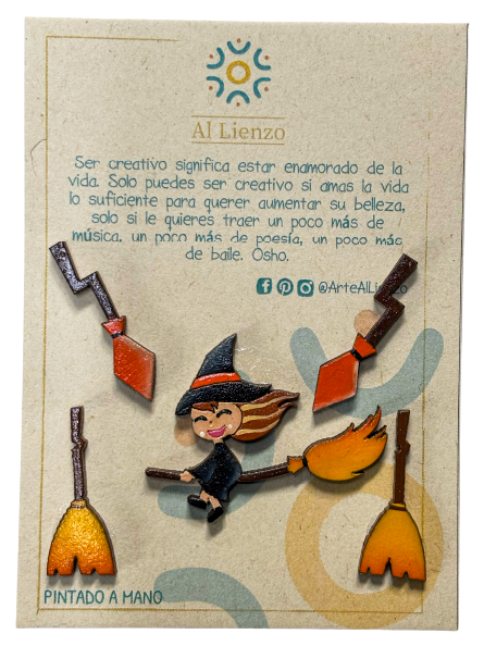 Pack de botones halloween brujitas en escoba - Al Lienzo